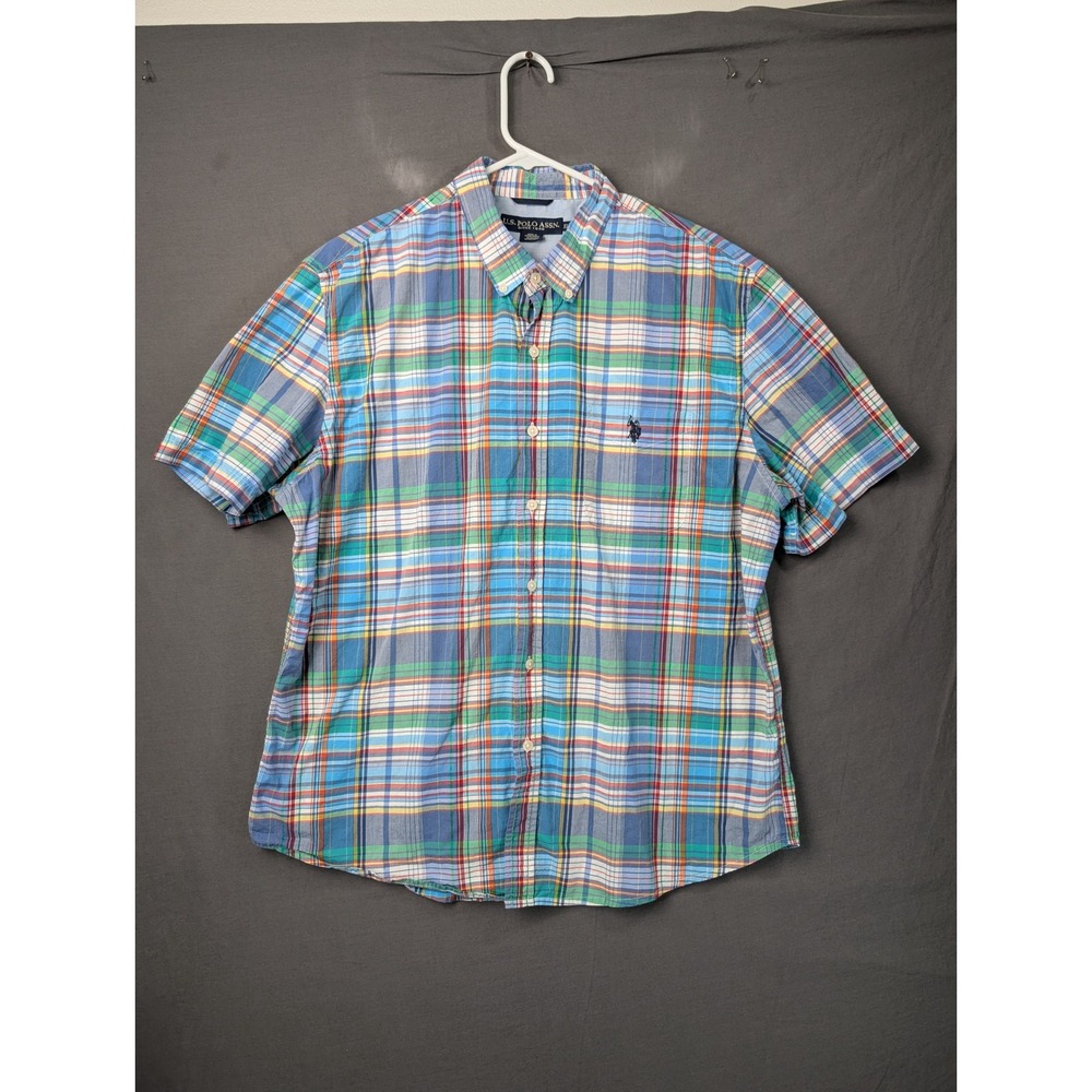 US Polo Assn Mens Short Sleeve Button Down Shirt Blue Plaid Size XL